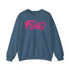 Fluffy Sweatshirt — White Cozy Crewneck with Pink 'Fluffy' Graphic Sweatshirt Printify S Indigo Blue