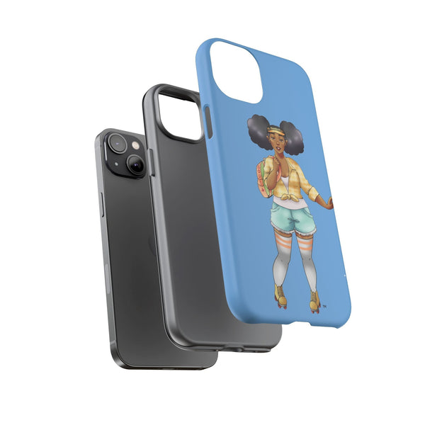 Powder Blue Retro Body Positive Skater with Afro Puffs Design Phone Case Phone Case Printify