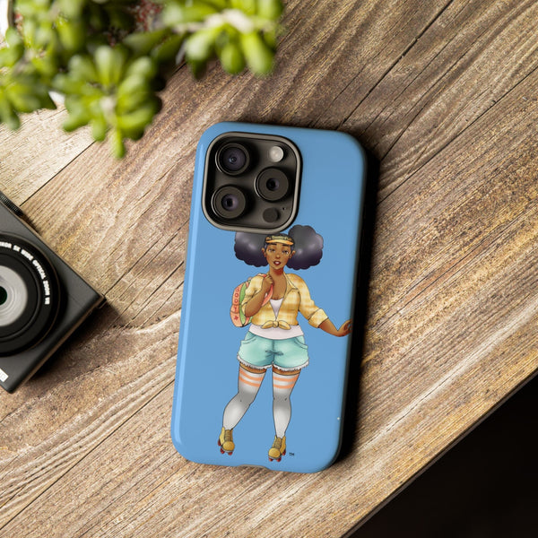Powder Blue Retro Body Positive Skater with Afro Puffs Design Phone Case Phone Case Printify
