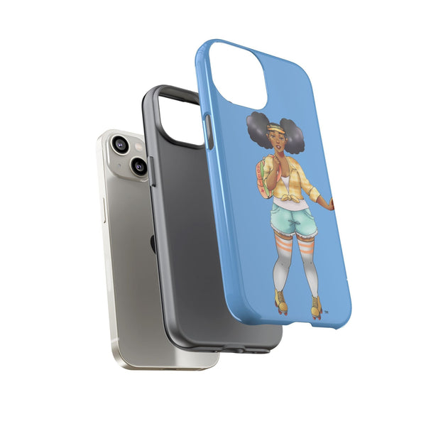 Powder Blue Retro Body Positive Skater with Afro Puffs Design Phone Case Phone Case Printify