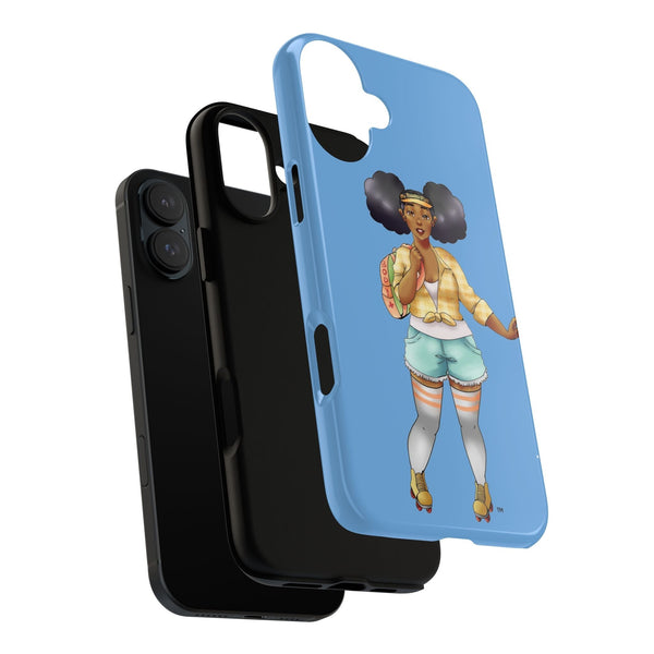 Powder Blue Retro Body Positive Skater with Afro Puffs Design Phone Case Phone Case Printify