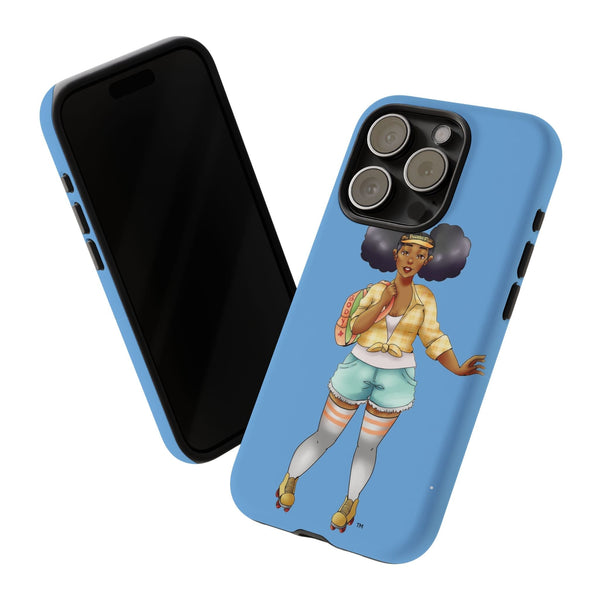 Powder Blue Retro Body Positive Skater with Afro Puffs Design Phone Case Phone Case Printify