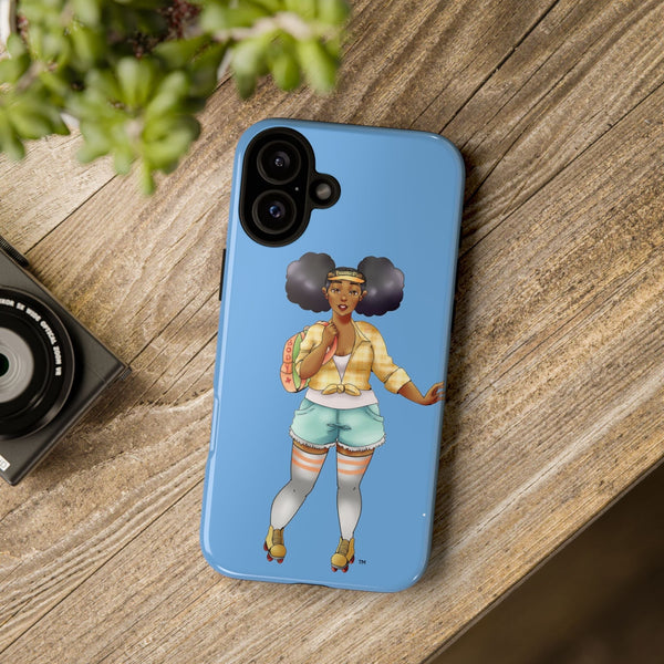 Powder Blue Retro Body Positive Skater with Afro Puffs Design Phone Case Phone Case Printify