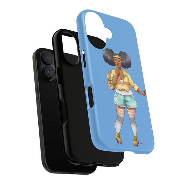 Powder Blue Retro Body Positive Skater with Afro Puffs Design Phone Case Phone Case Printify
