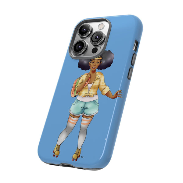 Powder Blue Retro Body Positive Skater with Afro Puffs Design Phone Case Phone Case Printify