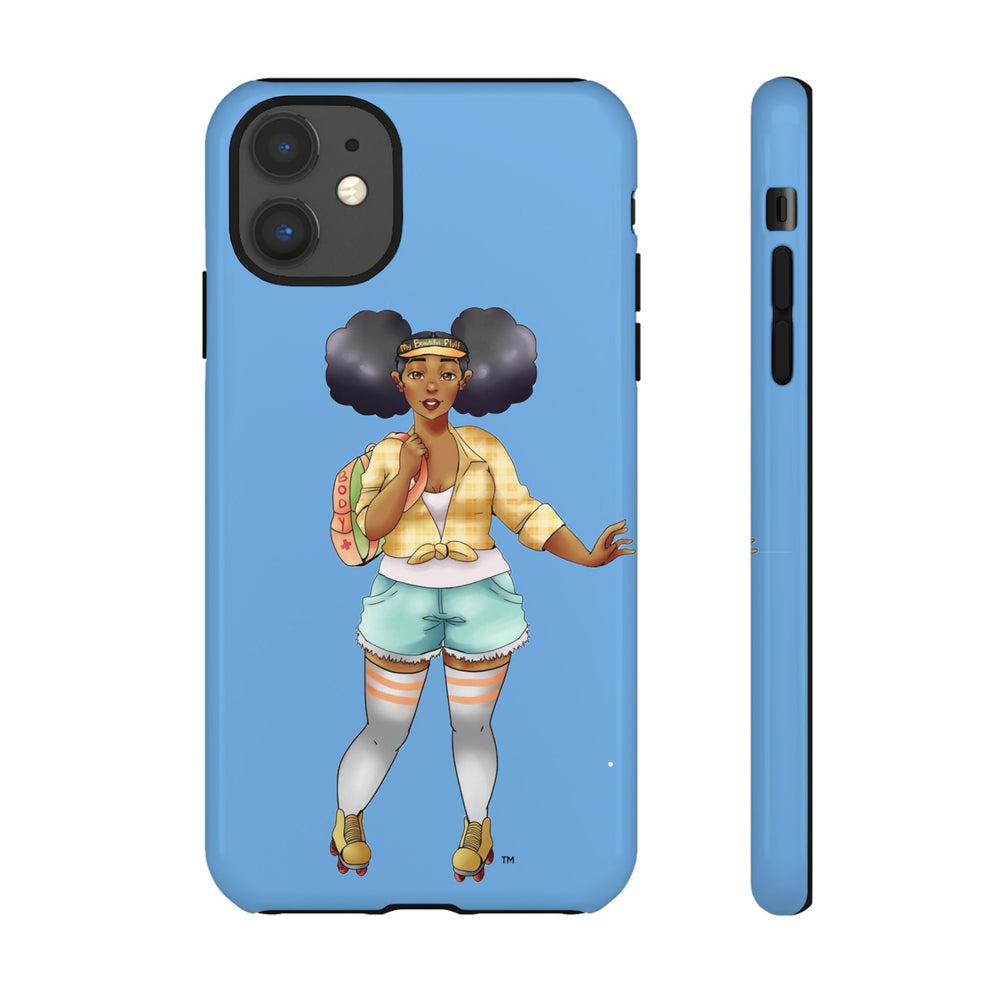 Powder Blue Retro Body Positive Skater with Afro Puffs Design Phone Case Phone Case Printify iPhone 11 Glossy