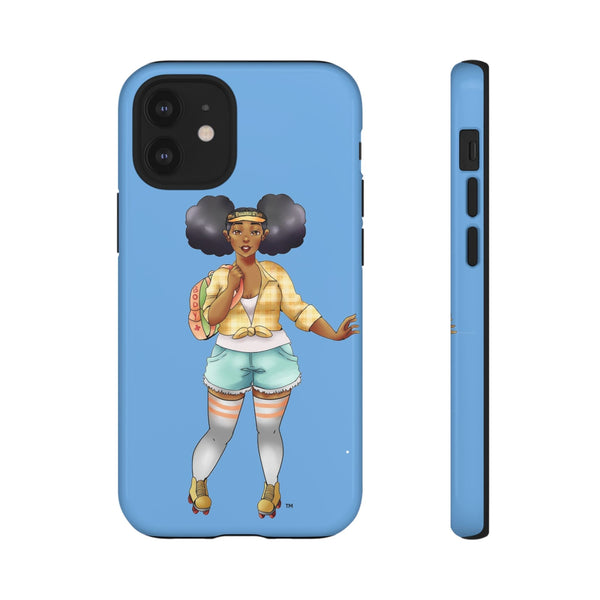 Powder Blue Retro Body Positive Skater with Afro Puffs Design Phone Case Phone Case Printify iPhone 12 Mini Glossy