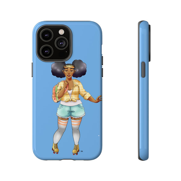 Powder Blue Retro Body Positive Skater with Afro Puffs Design Phone Case Phone Case Printify iPhone 14 Pro Max Glossy