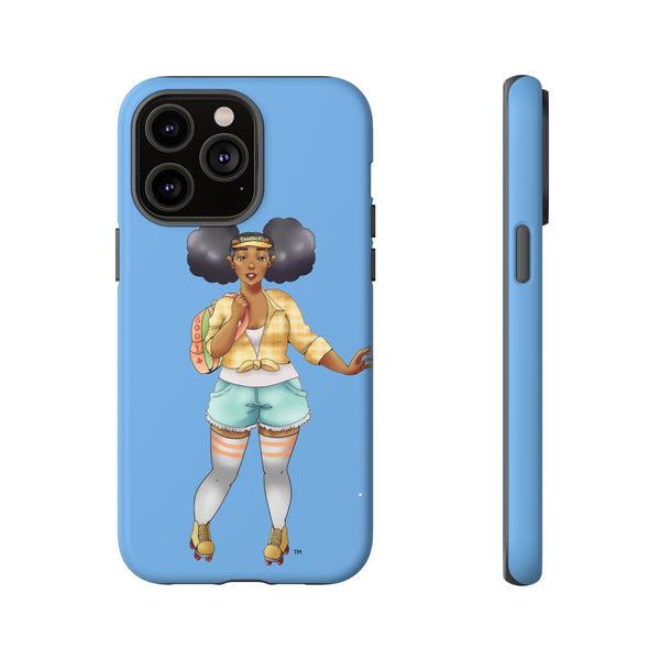 Powder Blue Retro Body Positive Skater with Afro Puffs Design Phone Case Phone Case Printify iPhone 14 Pro Max Matte