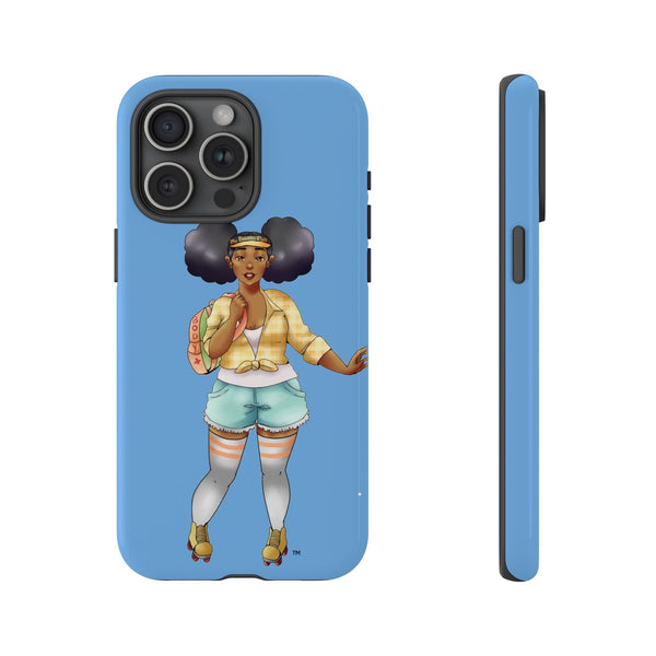 Powder Blue Retro Body Positive Skater with Afro Puffs Design Phone Case Phone Case Printify iPhone 15 Pro Max Glossy