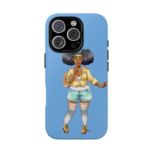 Powder Blue Retro Body Positive Skater with Afro Puffs Design Phone Case Phone Case Printify iPhone 16 Pro Glossy