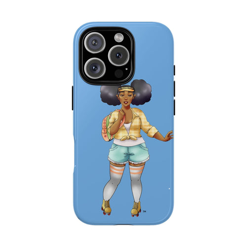 Powder Blue Retro Body Positive Skater with Afro Puffs Design Phone Case Phone Case Printify iPhone 16 Pro Glossy