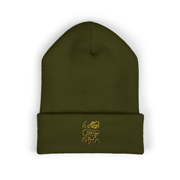 Classic Cuffed Beanie — "I Love Fluffy Girls Winter" Embroidered Winter Hat Hats Printify One size Olive 