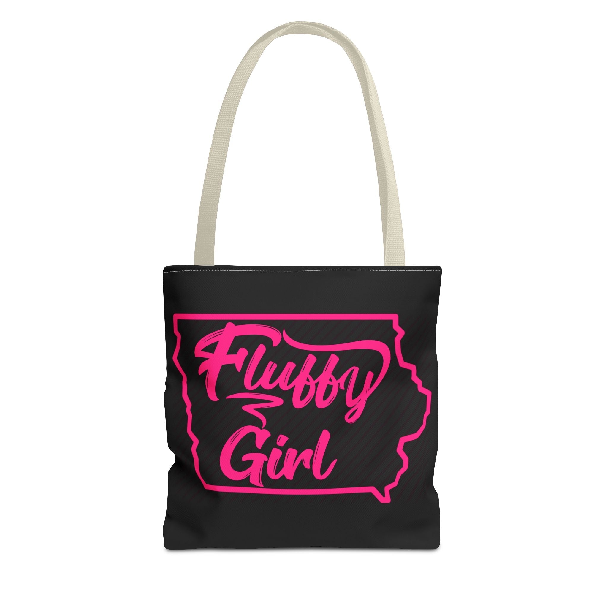 Fluffy Girl Iowa Tote Bag — Pink Script State Outline AOP Tote Bags Printify 13" × 13'' Beige 