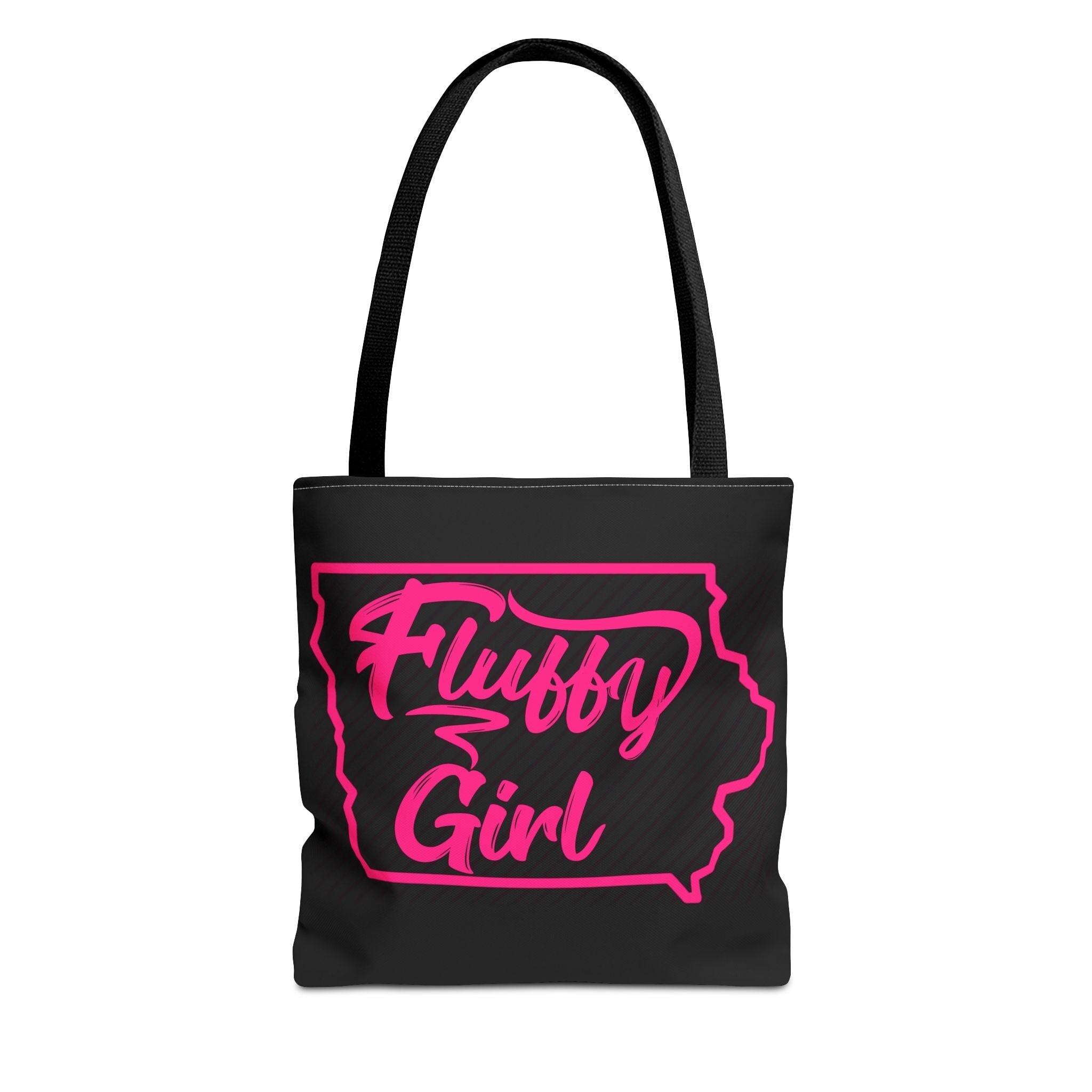 Fluffy Girl Iowa Tote Bag — Pink Script State Outline AOP Tote Bags Printify 13" × 13'' Black 