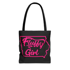 Fluffy Girl Iowa Tote Bag — Pink Script State Outline AOP Tote Bags Printify 13" × 13'' Black 