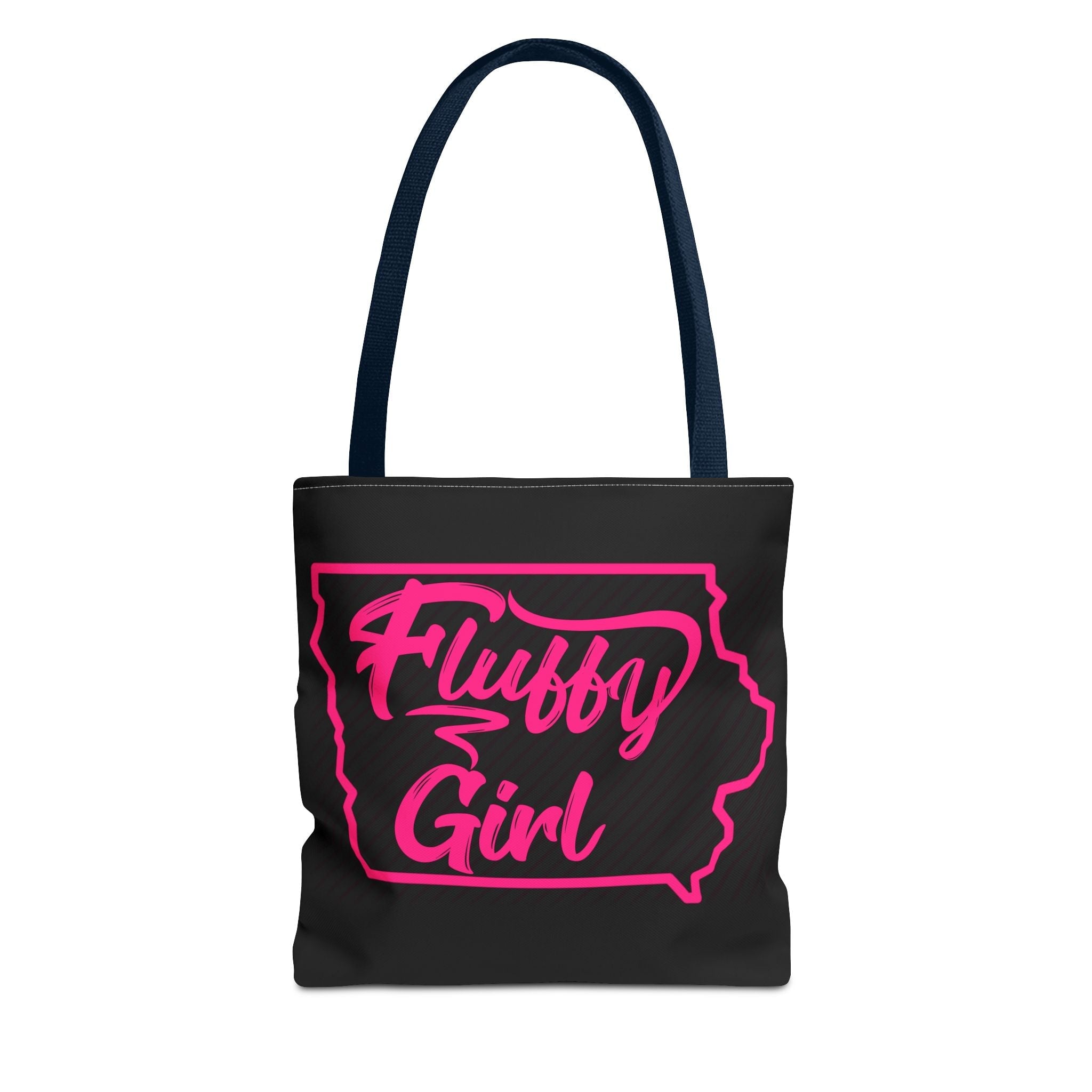 Fluffy Girl Iowa Tote Bag — Pink Script State Outline AOP Tote Bags Printify 13" × 13'' Navy 