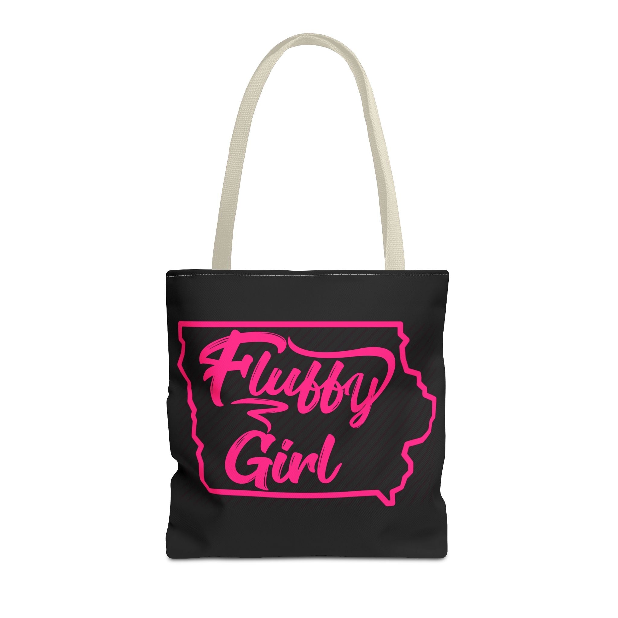 Fluffy Girl Iowa Tote Bag — Pink Script State Outline AOP Tote Bags Printify 16" × 16'' Beige 