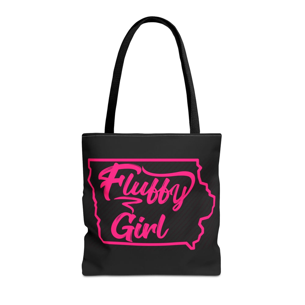 Fluffy Girl Iowa Tote Bag — Pink Script State Outline AOP Tote Bags Printify 16" × 16'' Black 