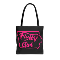 Fluffy Girl Iowa Tote Bag — Pink Script State Outline AOP Tote Bags Printify 16" × 16'' Black 