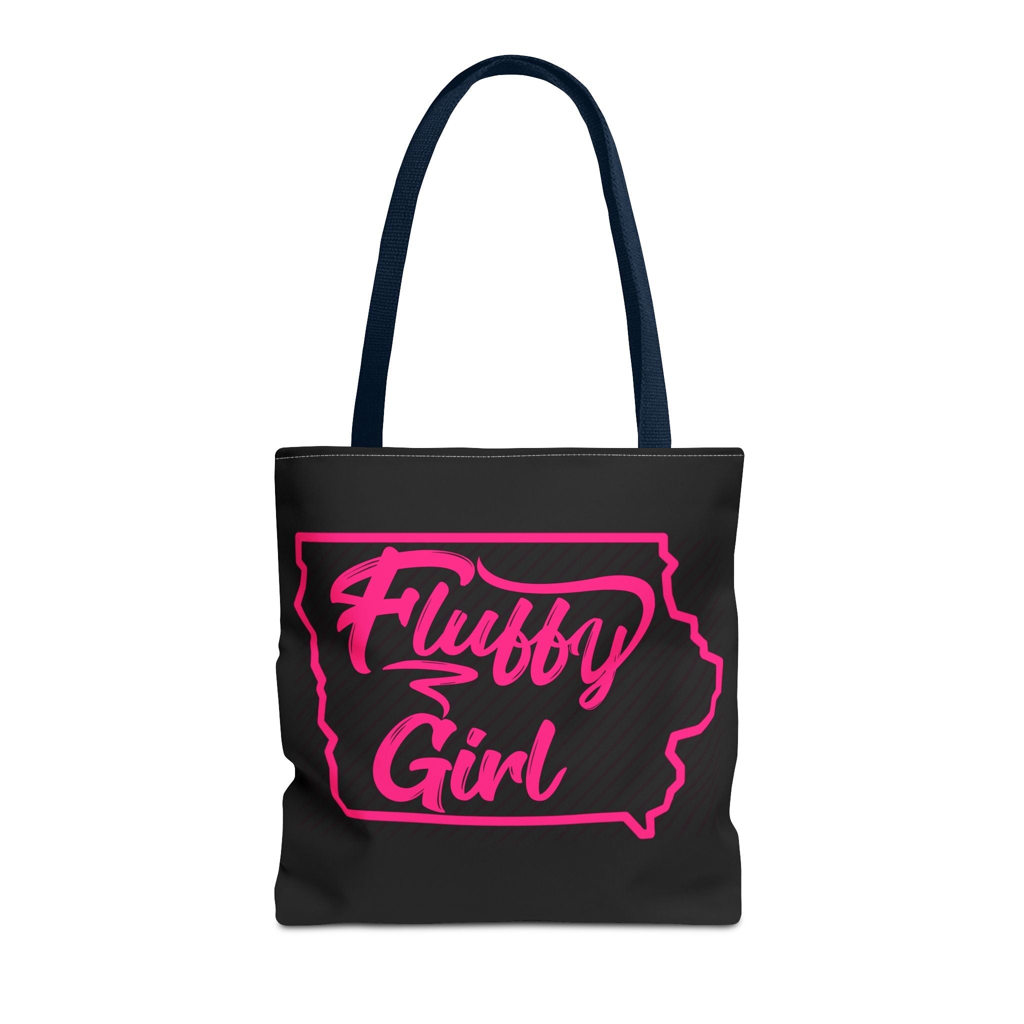 Fluffy Girl Iowa Tote Bag — Pink Script State Outline AOP Tote Bags Printify 16" × 16'' Navy 