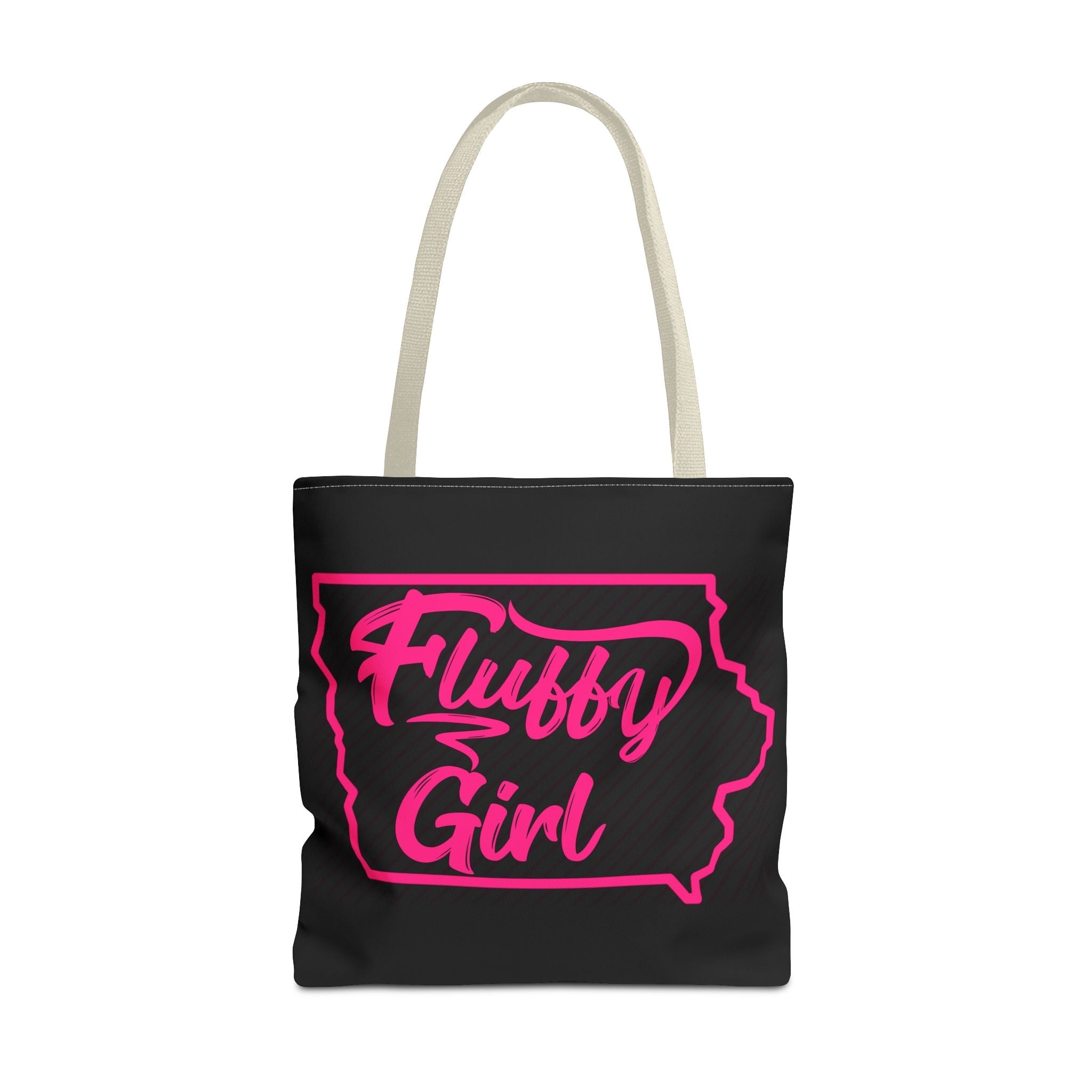Fluffy Girl Iowa Tote Bag — Pink Script State Outline AOP Tote Bags Printify 18" × 18'' Beige 