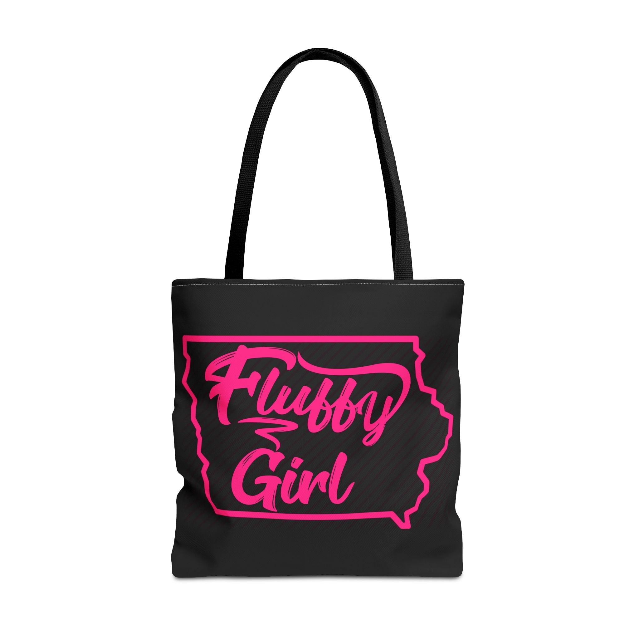 Fluffy Girl Iowa Tote Bag — Pink Script State Outline AOP Tote Bags Printify 18" × 18'' Black 