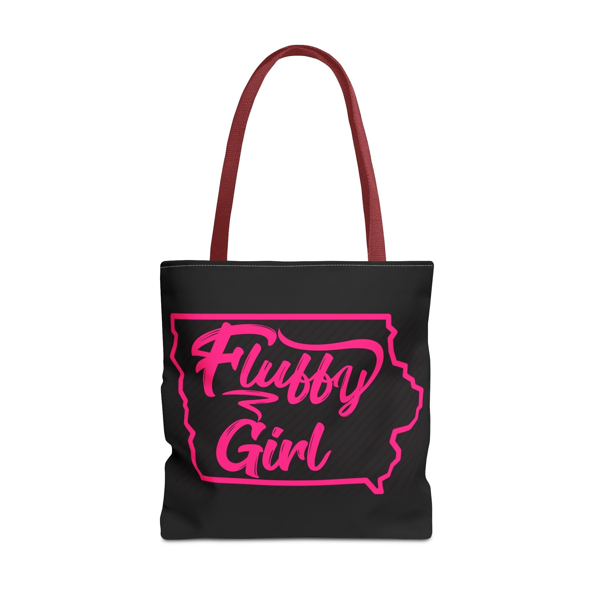 Fluffy Girl Iowa Tote Bag — Pink Script State Outline AOP Tote Bags Printify 18" × 18'' Red 