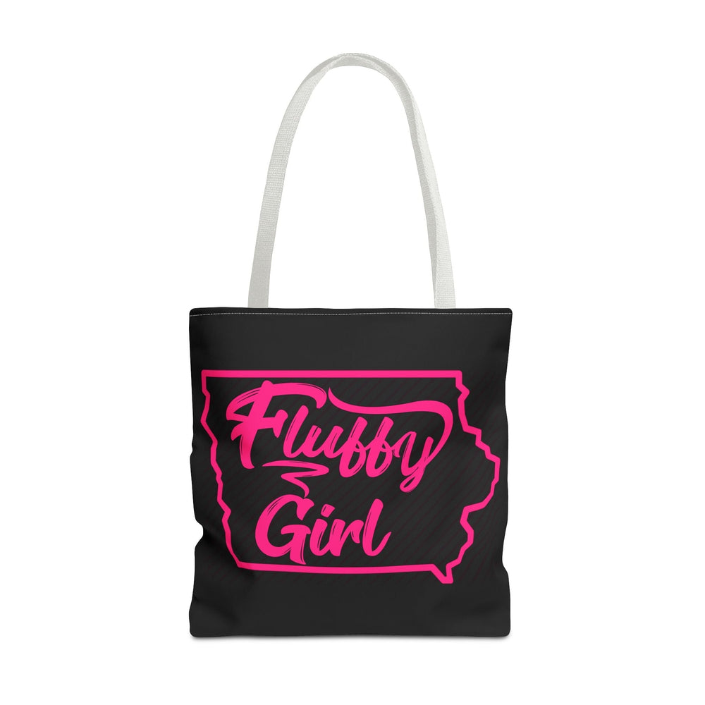 Fluffy Girl Iowa Tote Bag — Pink Script State Outline AOP Tote Bags Printify 18" × 18'' White 