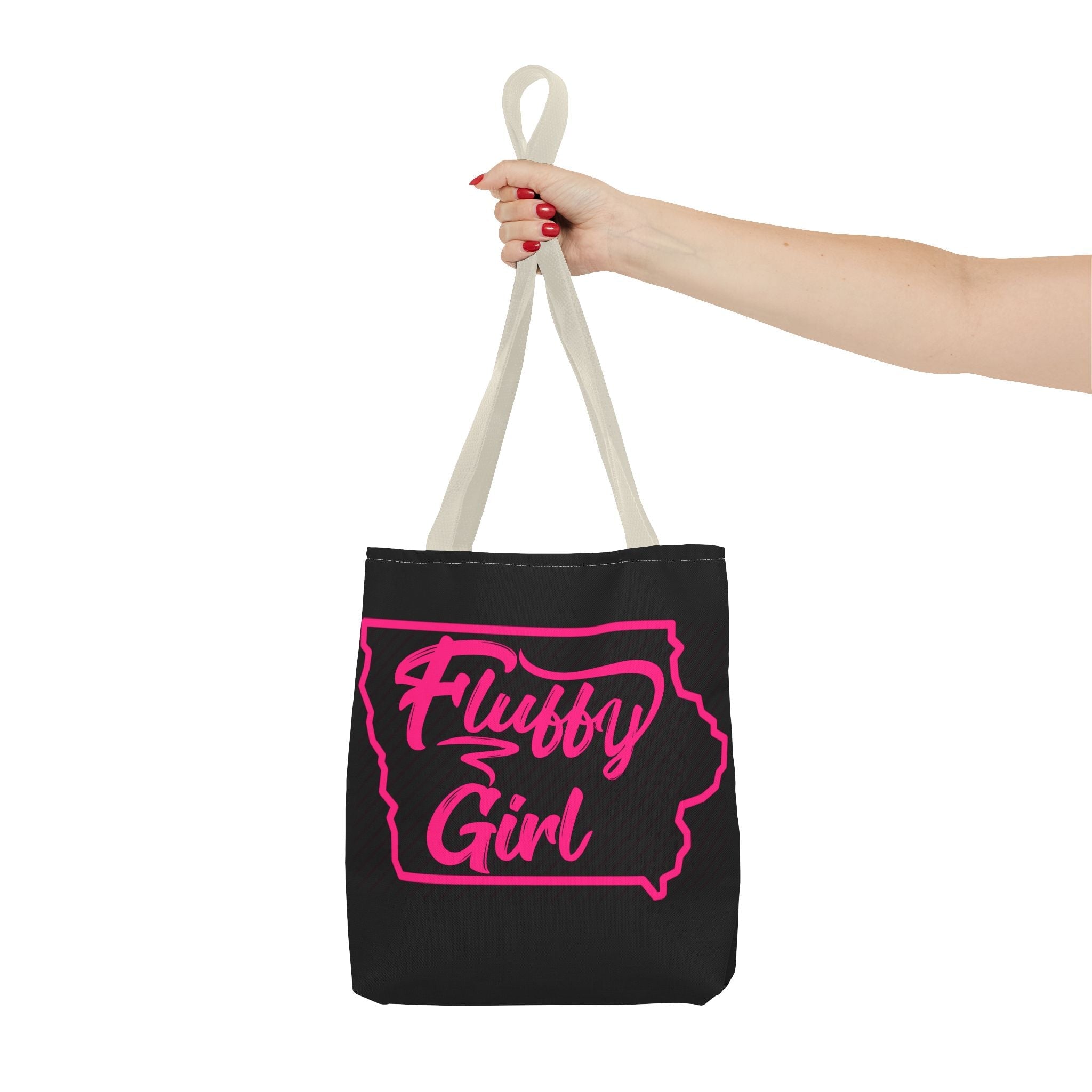 Fluffy Girl Iowa Tote Bag — Pink Script State Outline AOP Tote Bags Printify 