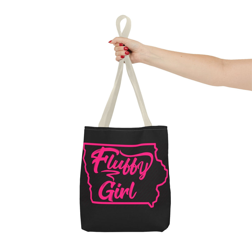 Fluffy Girl Iowa Tote Bag — Pink Script State Outline AOP Tote Bags Printify 