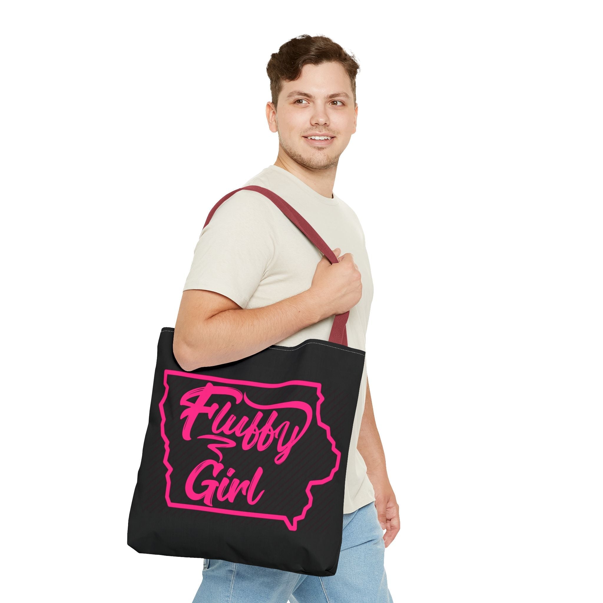 Fluffy Girl Iowa Tote Bag — Pink Script State Outline AOP Tote Bags Printify 