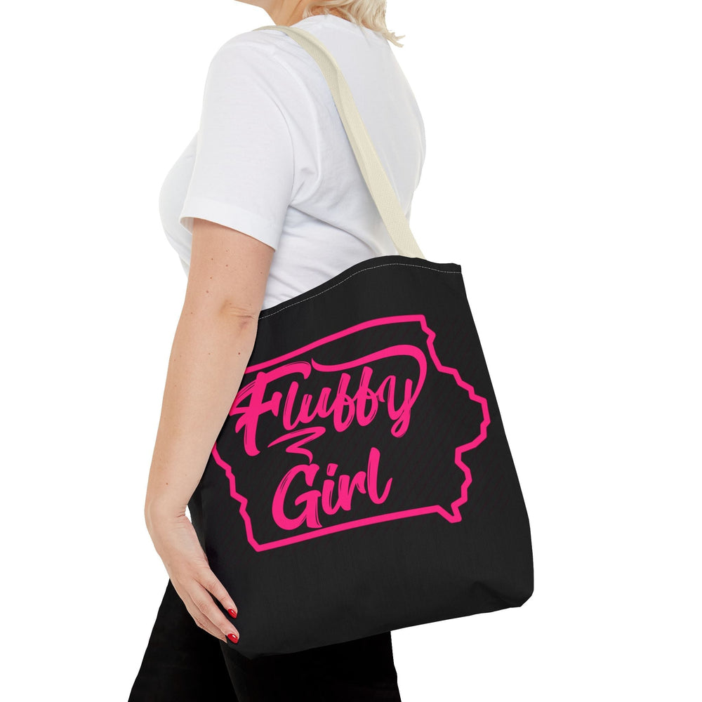 Fluffy Girl Iowa Tote Bag — Pink Script State Outline AOP Tote Bags Printify 