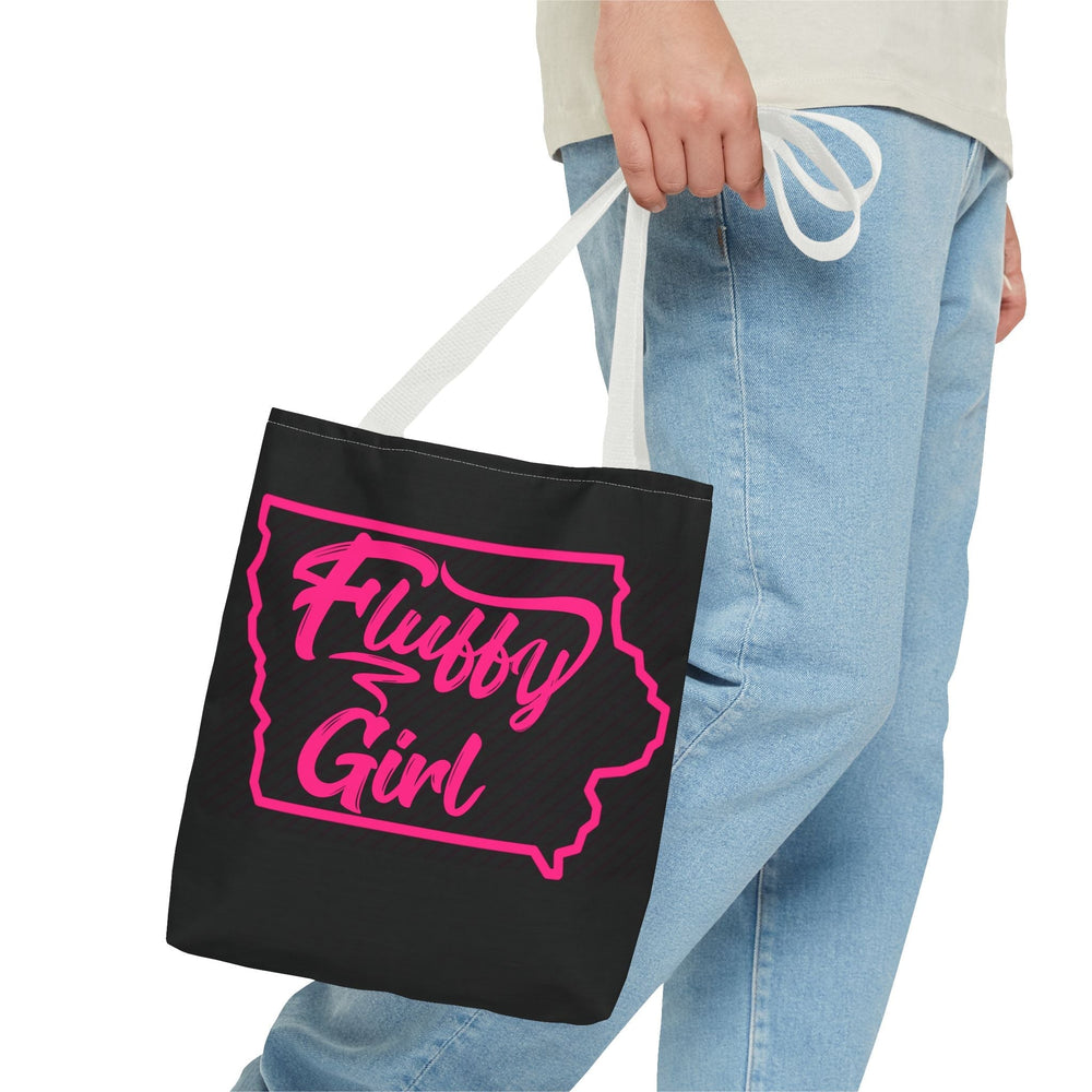 Fluffy Girl Iowa Tote Bag — Pink Script State Outline AOP Tote Bags Printify 