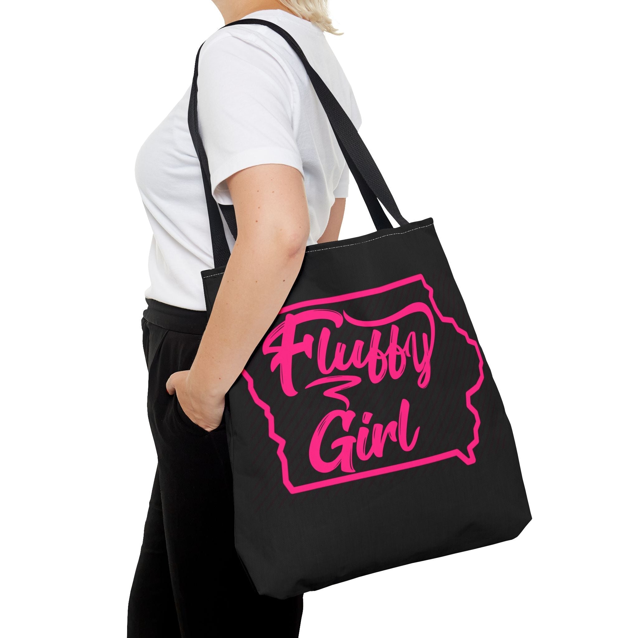 Fluffy Girl Iowa Tote Bag — Pink Script State Outline AOP Tote Bags Printify 