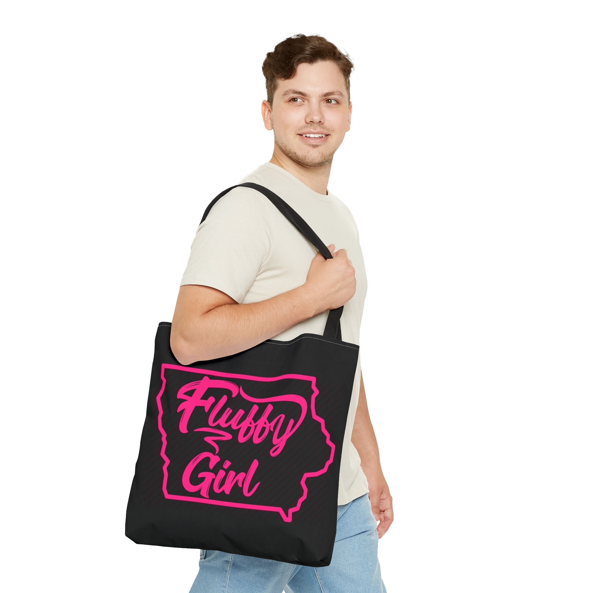 Fluffy Girl Iowa Tote Bag — Pink Script State Outline AOP Tote Bags Printify 