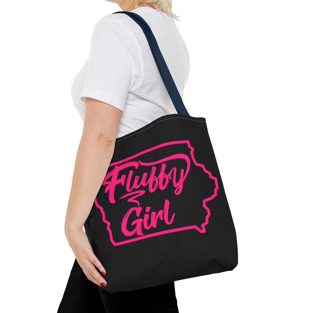 Fluffy Girl Iowa Tote Bag — Pink Script State Outline AOP Tote Bags Printify 