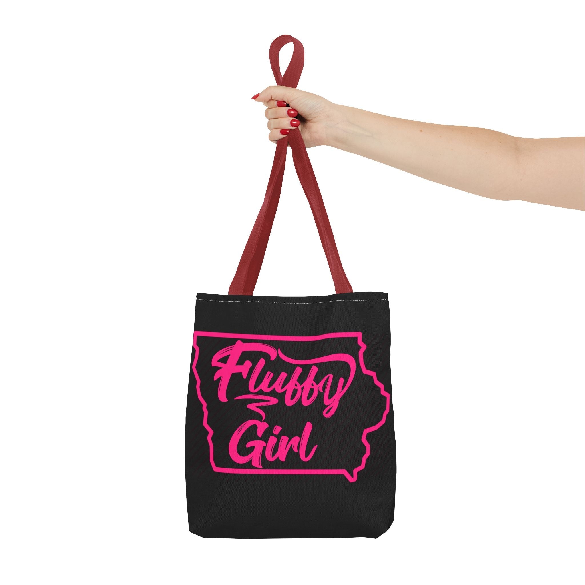 Fluffy Girl Iowa Tote Bag — Pink Script State Outline AOP Tote Bags Printify 