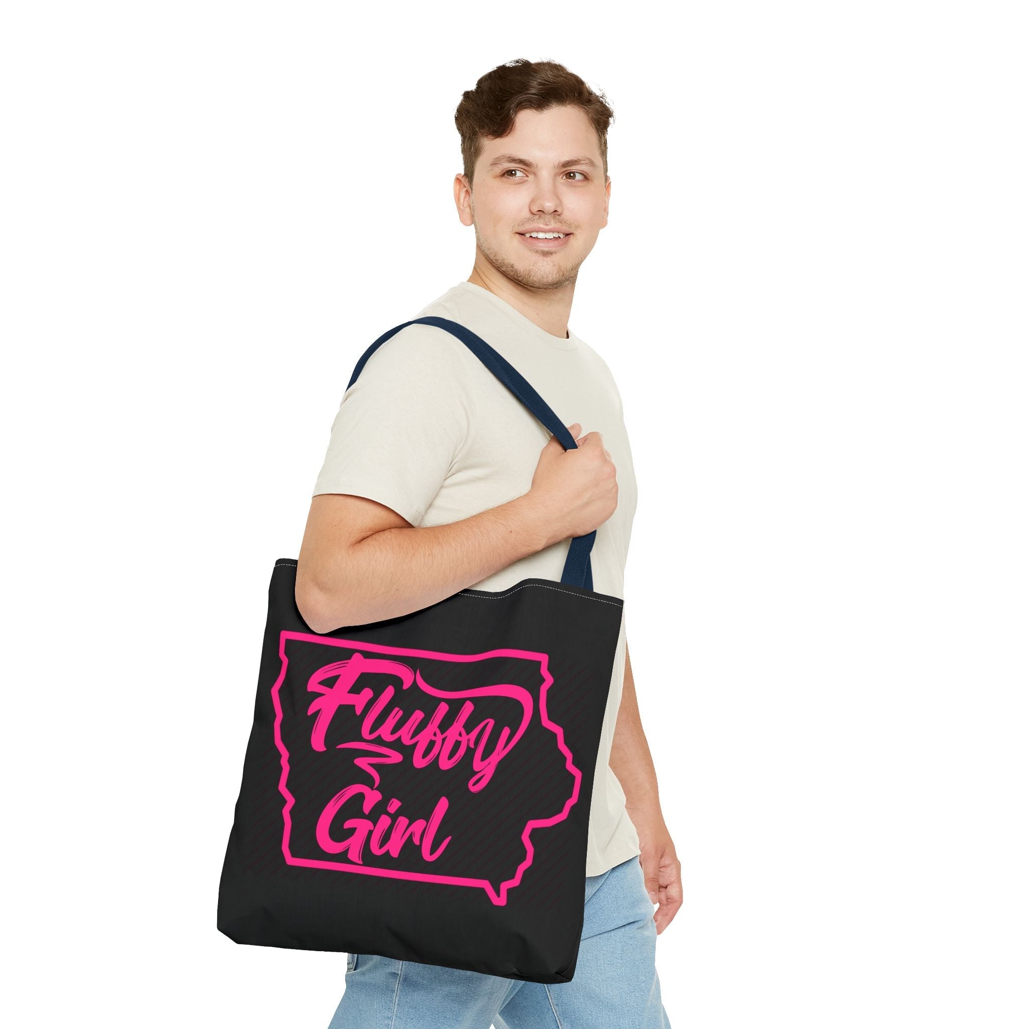 Fluffy Girl Iowa Tote Bag — Pink Script State Outline AOP Tote Bags Printify 