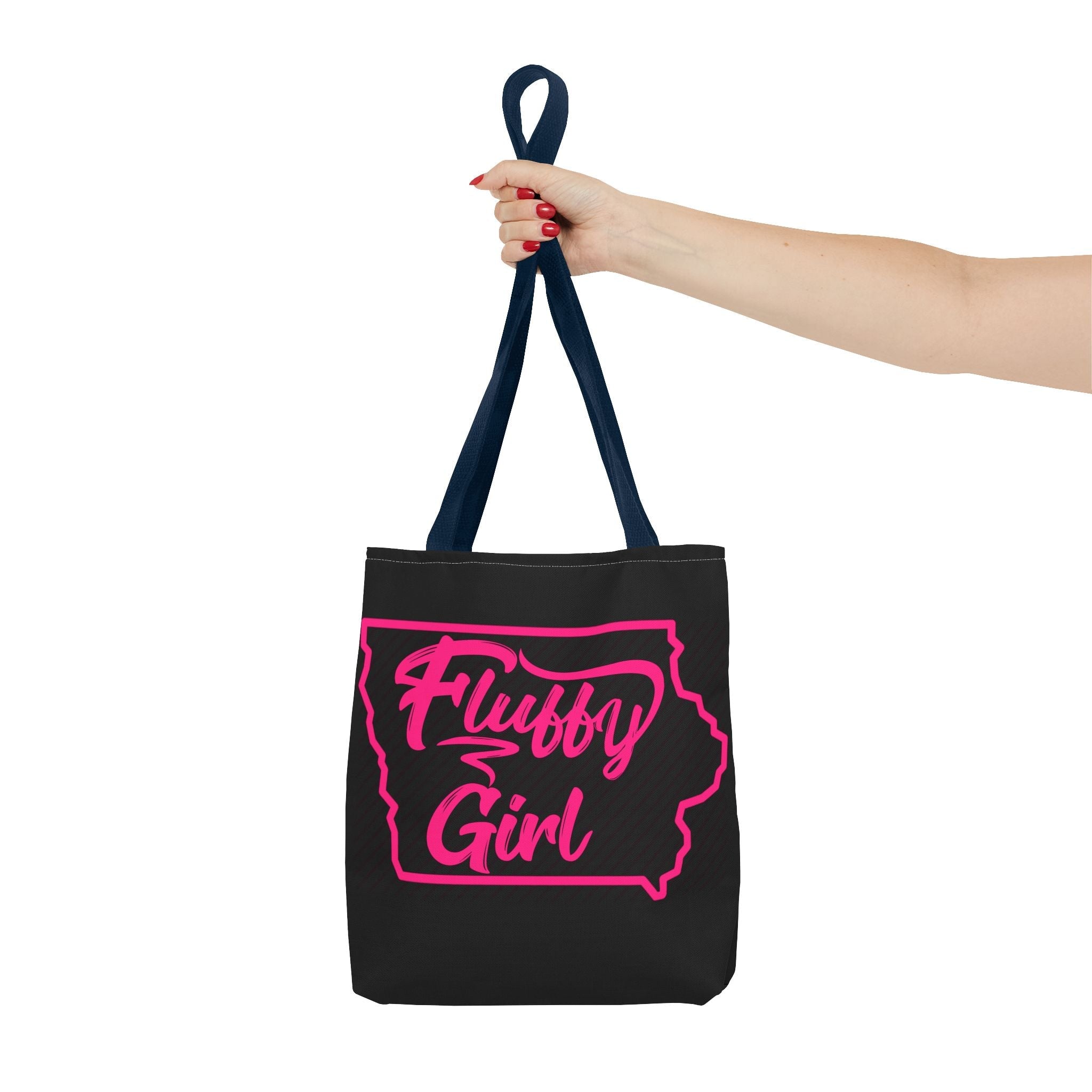 Fluffy Girl Iowa Tote Bag — Pink Script State Outline AOP Tote Bags Printify 