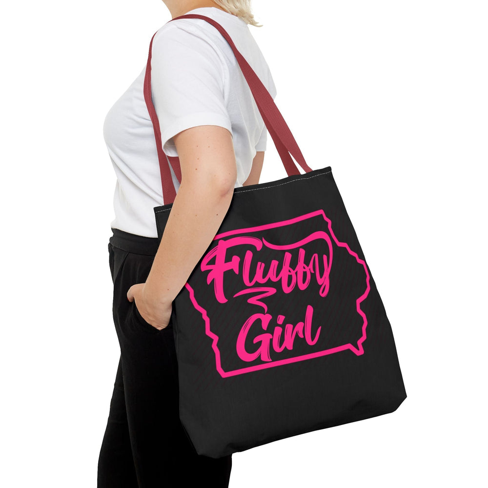 Fluffy Girl Iowa Tote Bag — Pink Script State Outline AOP Tote Bags Printify 