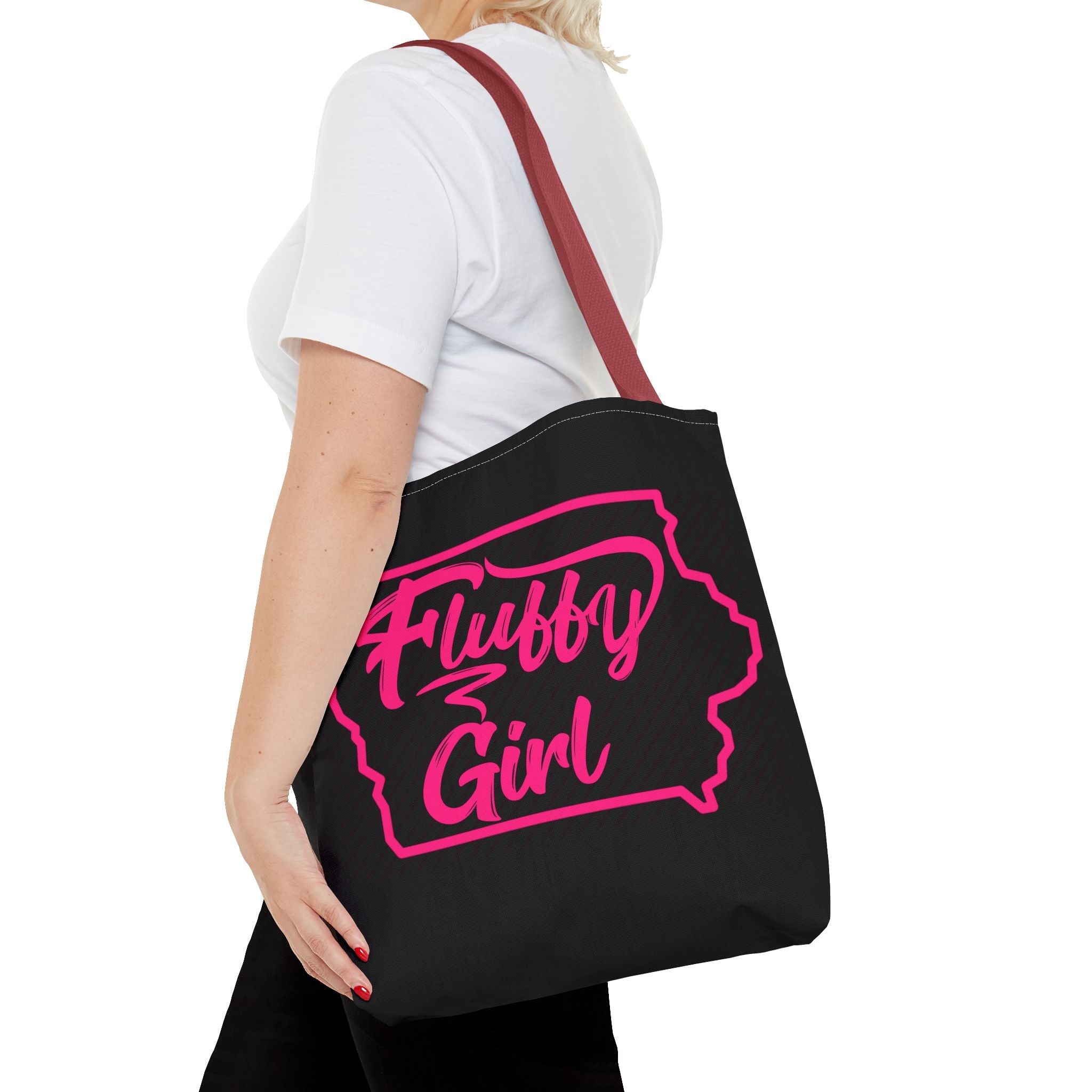 Fluffy Girl Iowa Tote Bag — Pink Script State Outline AOP Tote Bags Printify 