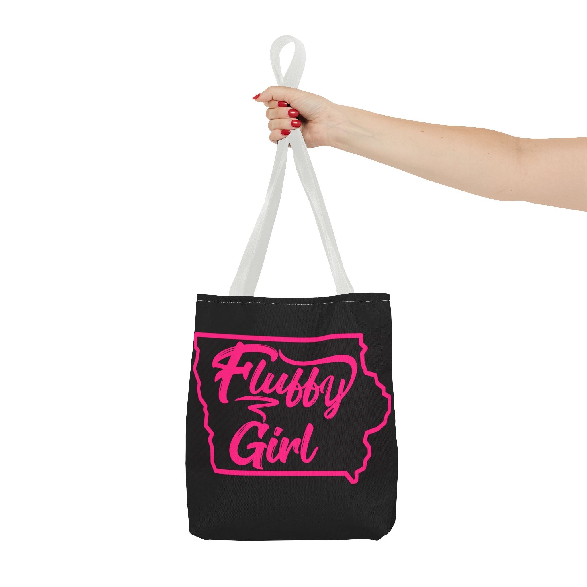 Fluffy Girl Iowa Tote Bag — Pink Script State Outline AOP Tote Bags Printify 