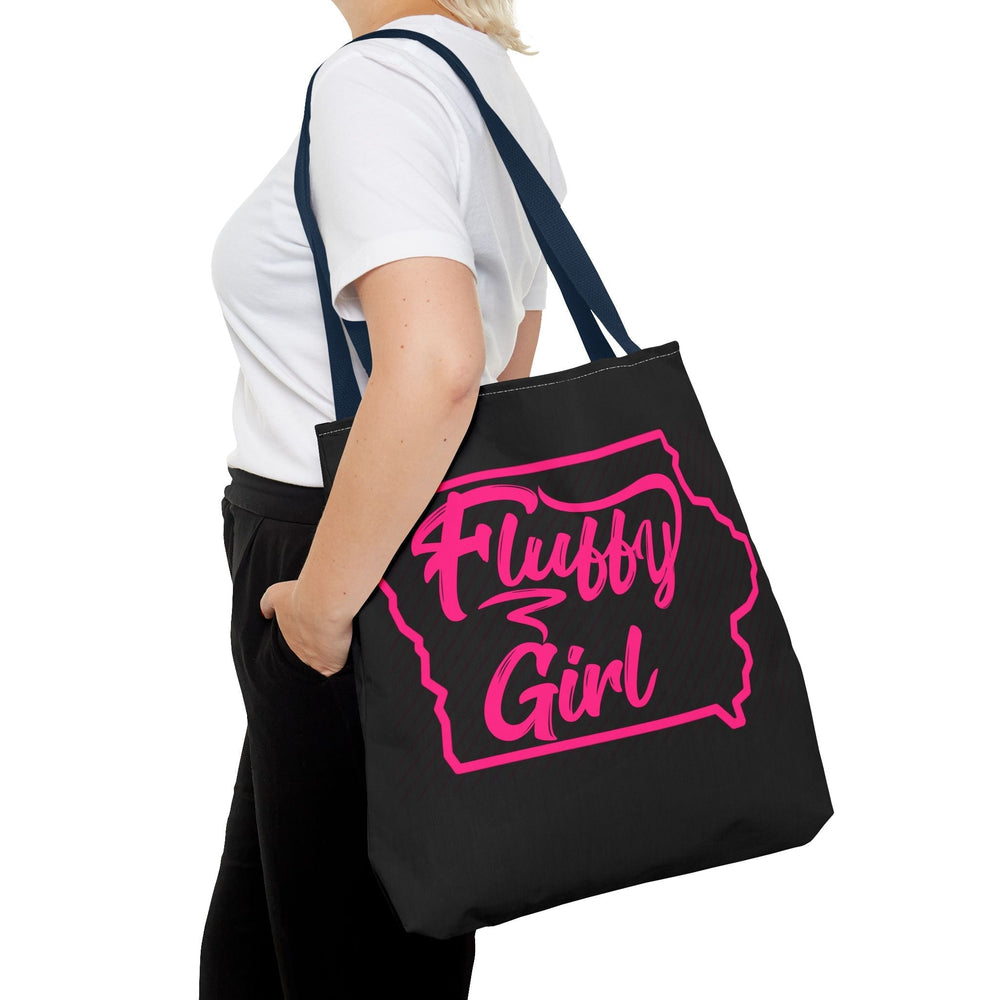 Fluffy Girl Iowa Tote Bag — Pink Script State Outline AOP Tote Bags Printify 