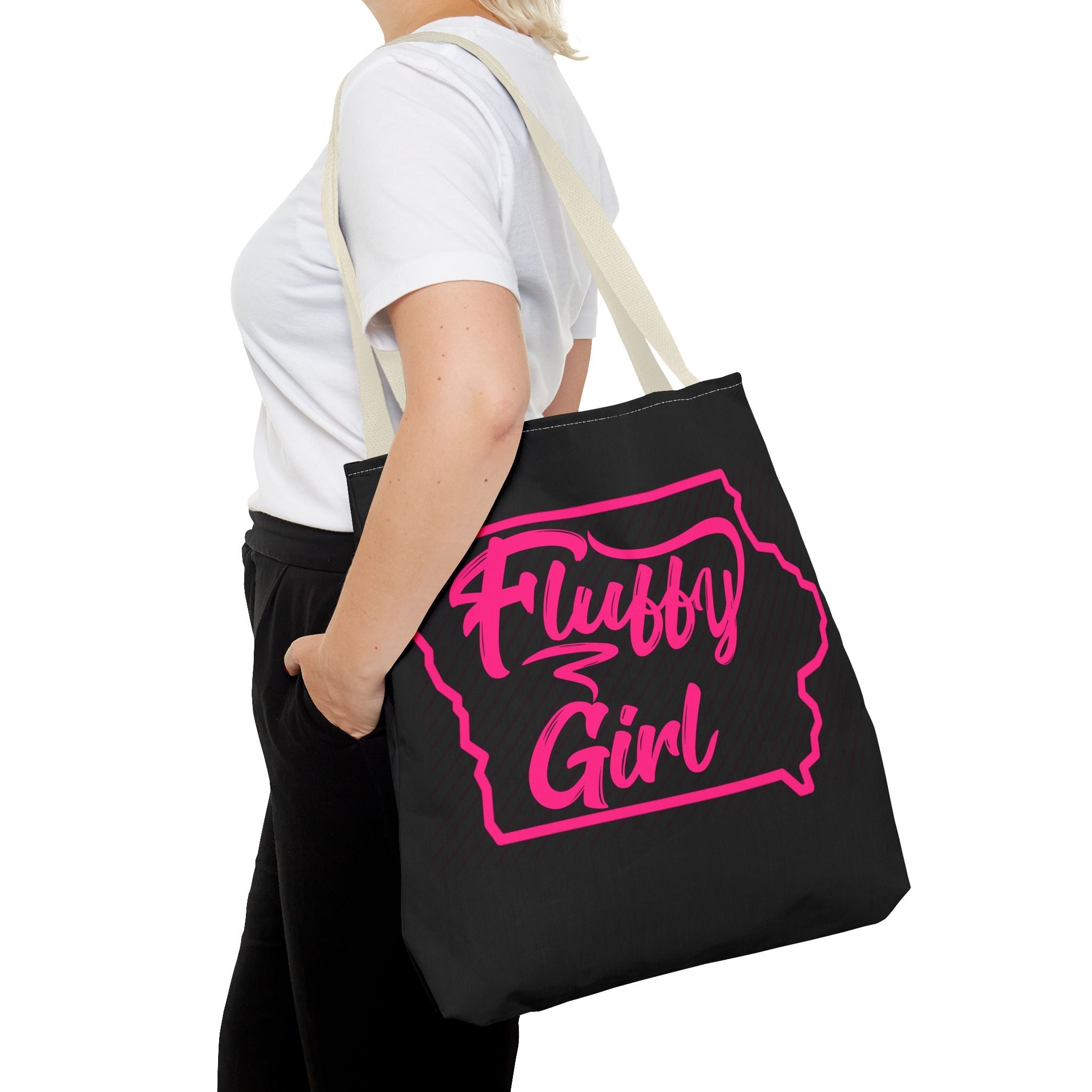 Fluffy Girl Iowa Tote Bag — Pink Script State Outline AOP Tote Bags Printify 