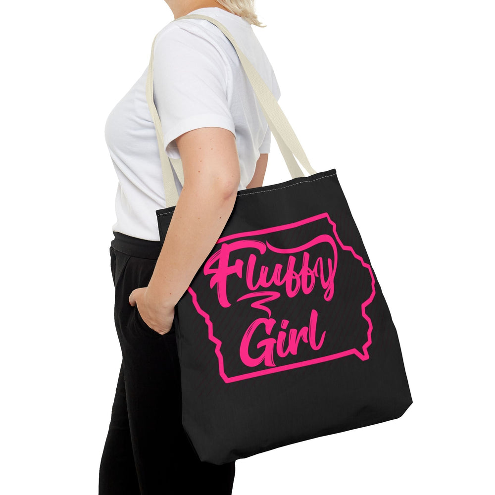 Fluffy Girl Iowa Tote Bag — Pink Script State Outline AOP Tote Bags Printify 