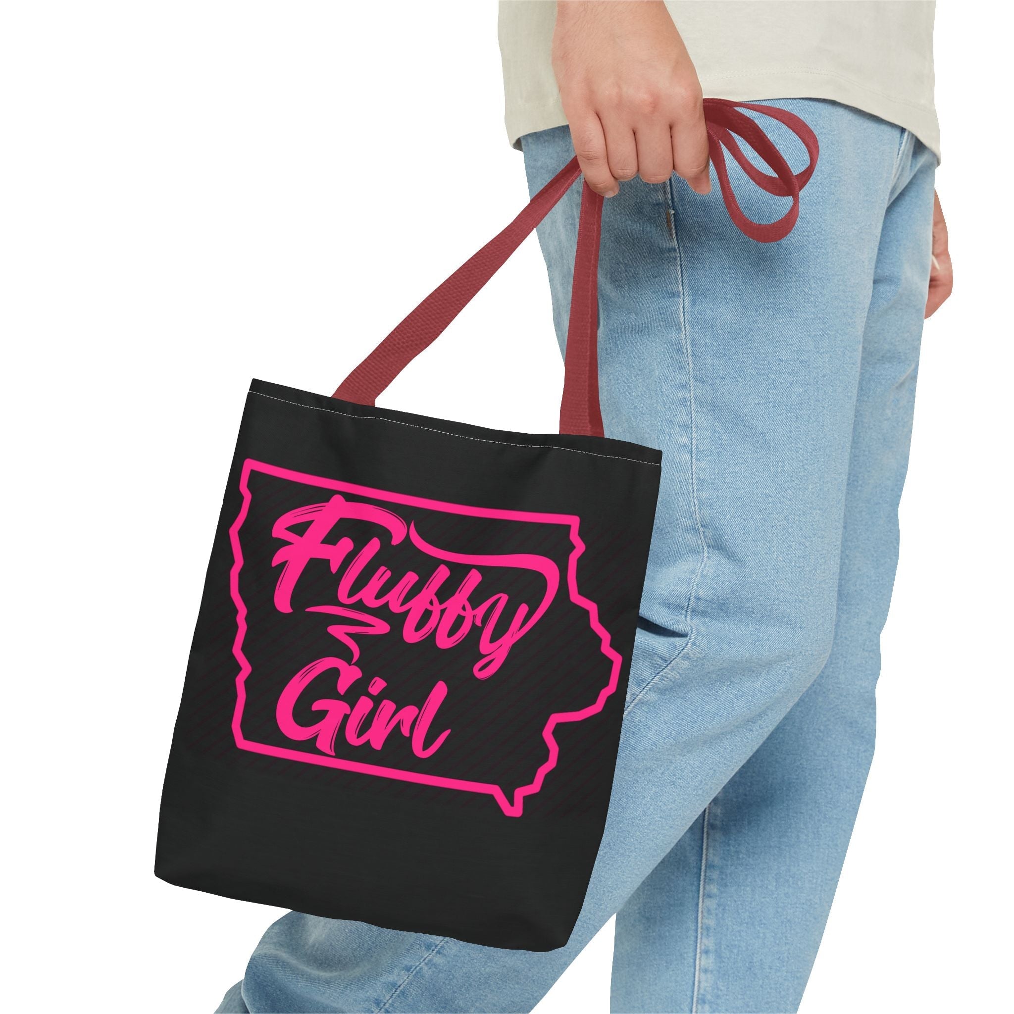 Fluffy Girl Iowa Tote Bag — Pink Script State Outline AOP Tote Bags Printify 