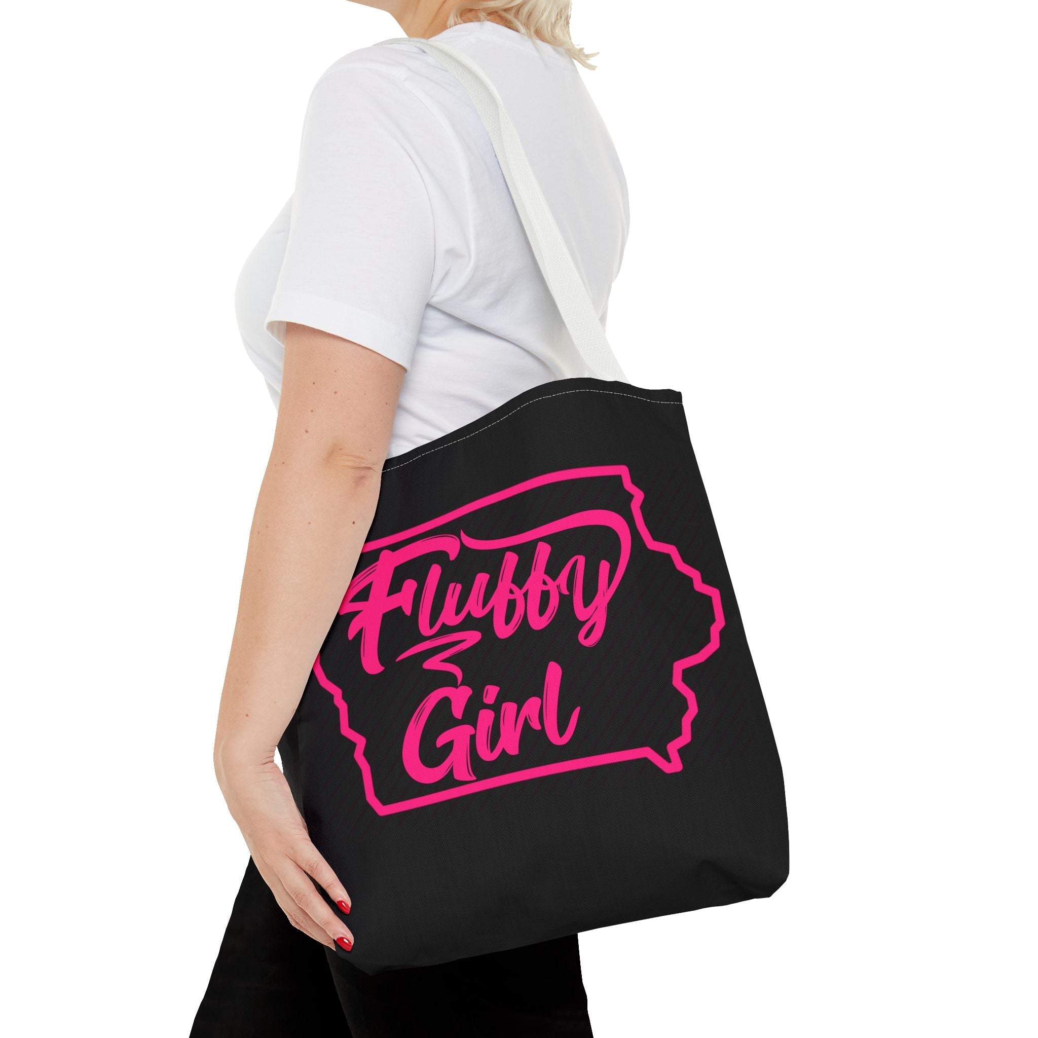 Fluffy Girl Iowa Tote Bag — Pink Script State Outline AOP Tote Bags Printify 