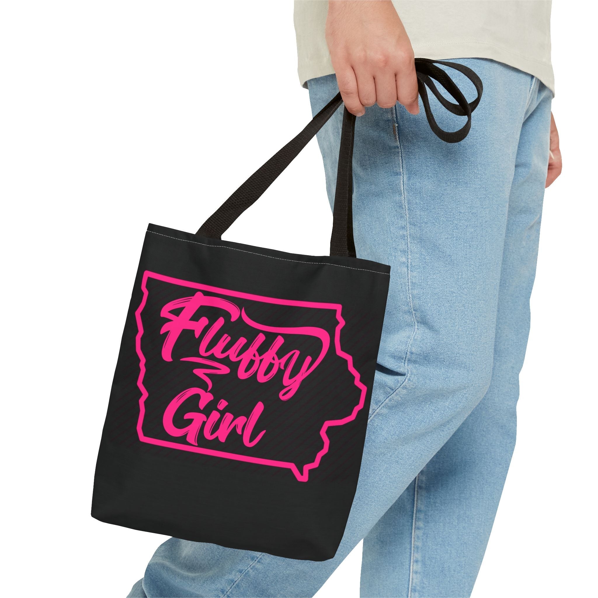 Fluffy Girl Iowa Tote Bag — Pink Script State Outline AOP Tote Bags Printify 