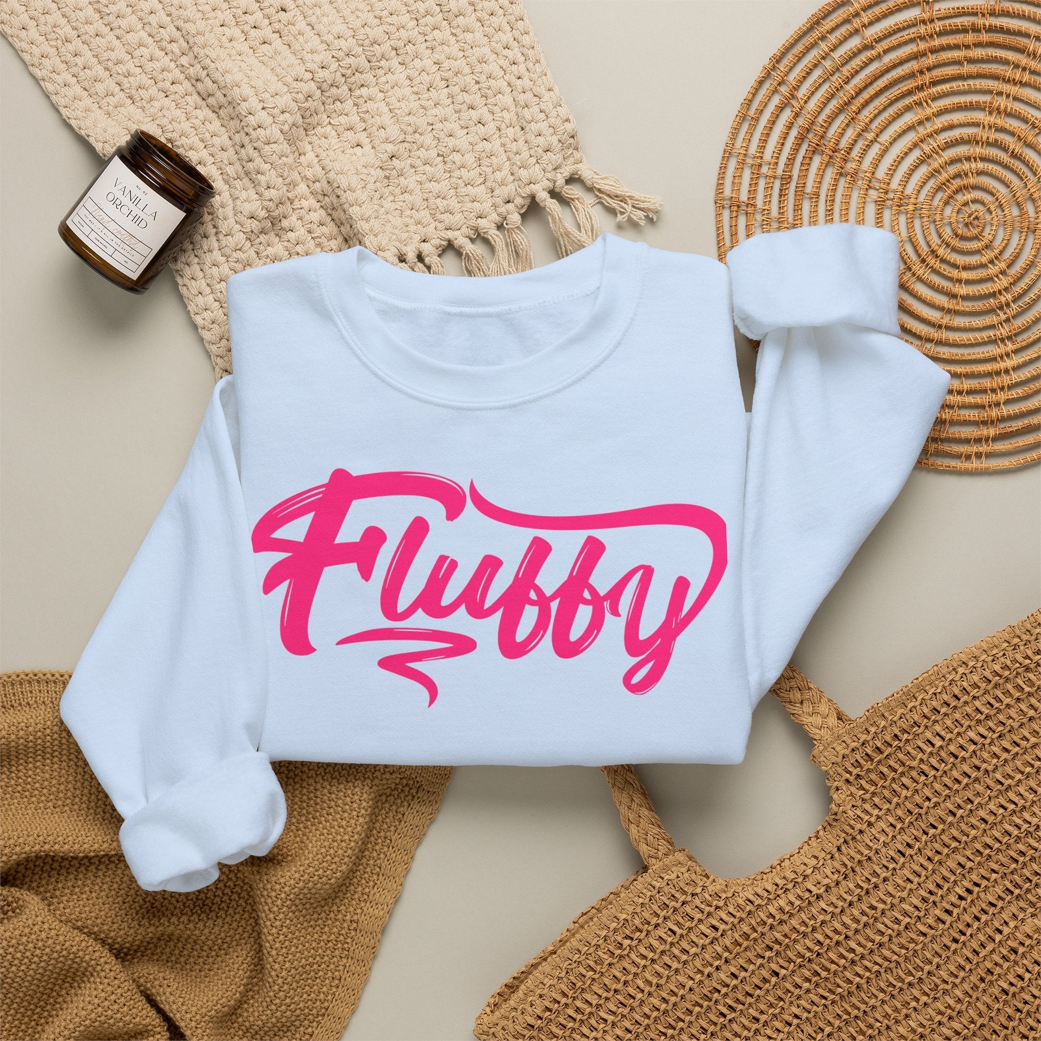 Fluffy Sweatshirt — White Cozy Crewneck with Pink 'Fluffy' Graphic Sweatshirt Printify 